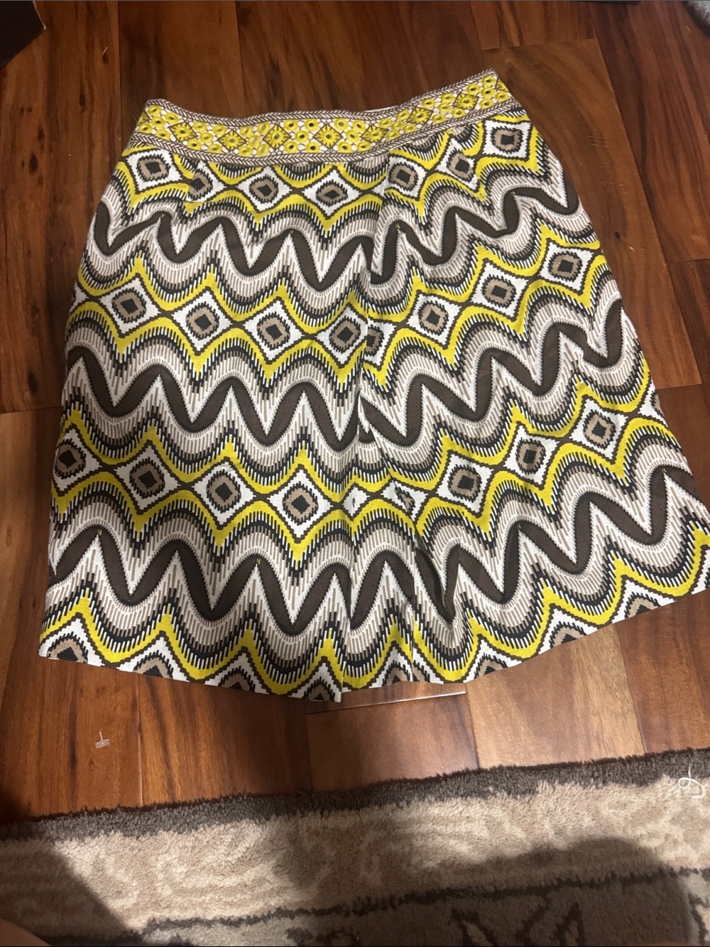 Tory Burch Yellow, Black & White Geometric A-Line Skirt linen